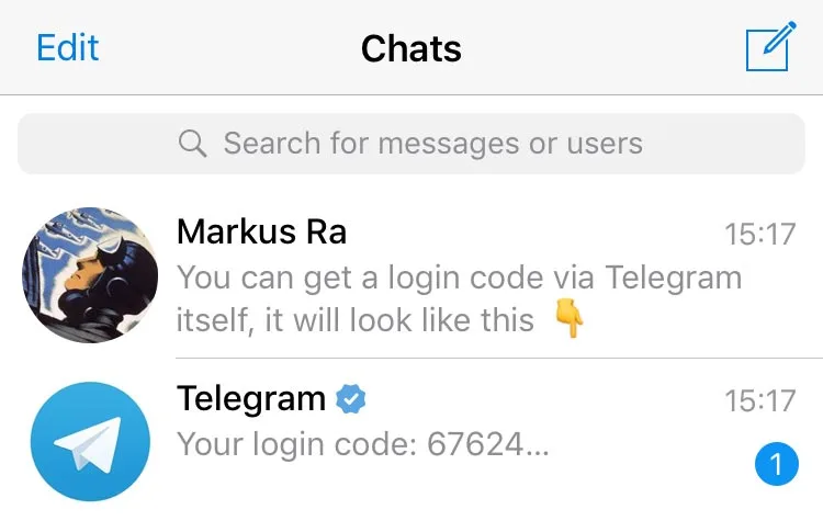 Telegram Anmeldung mit SMS Code